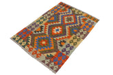 Flat Weave Kilim Antique Navaho Vintage handmade Geometric Kilim Rust Blue Hand-Woven Rectangle 100% Wool Area Rug 3x4